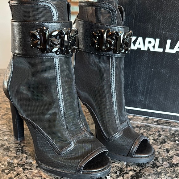 Karl Lagerfeld Black mesh Heeled Boots with Peep-Toe Design NWT 5.5 - Picture 3 of 16